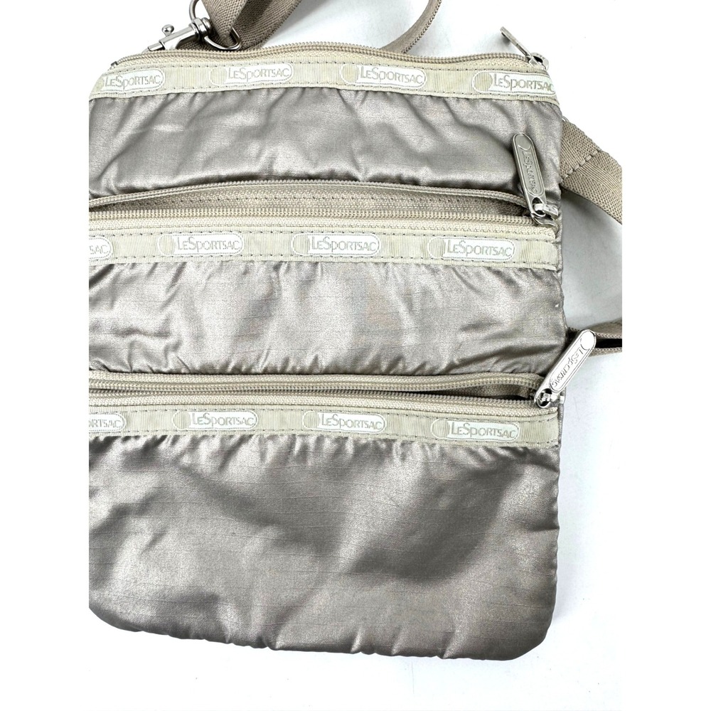 LeSportsac Quinn Crossbody Bag Metallic Taupe Nylon Triple Zip Messenger Purse - Picture 3 of 3